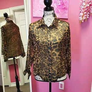 NWOT 🤎💖💛Mjaoran Leopard Print Sheer Shirt Blouse Top